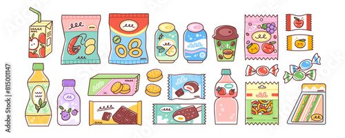 Snacks and junk food set. Vector illustration of chips, candy, sweet drinks, chocolate in cute packaging. Merchandise one can buy from a vending machine. Isolated elements on white background.