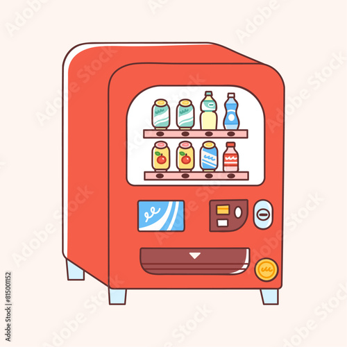 Vending machine selling drinks. Vector illustration of an automated machine with soda cans and water or juice bottles inside. Cute and colorful flat style.