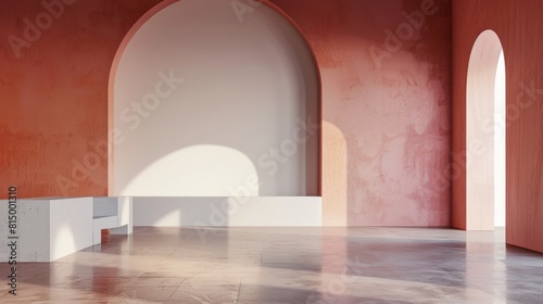 The image is a 3D rendering of a room with two arched openings