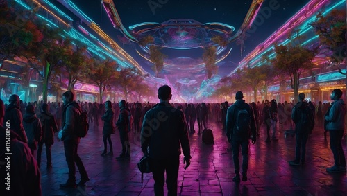 In the neon-noir idyllic galactic festival, a shimmering being floats gracefully amidst a throng of eclectic alien species, illuminated by the vibrant glow of neon lights photo