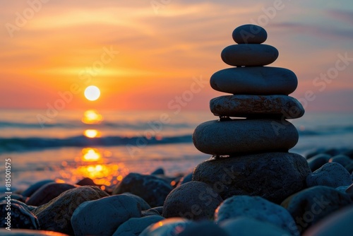 Tranquil scene of balanced stones on a pebble beach with a vibrant sunset over ocean waves in the background