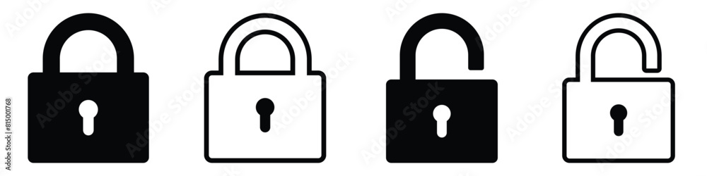 Lock icon collection. Locked and unlocked black line icon set. Vector illustration. Flat security symbol. white background. Set of Silhouette of locked and unlocked padlock.
Lock icon collection. Locked and unlocked black line icon set. Vector illustration. Flat security symbol. white background. Set of Silhouette of locked and unlocked padlock.