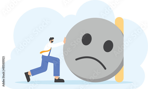 overcoming excessive stress and anxiety. addressing concerns, depression and mental illness. emotional problems. a man push and change sad expression emoticon. illustration

