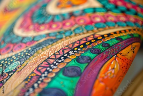 Detailed close-up of a colorful surfboard design, showcasing vibrant colors and intricate patterns © Ilia Nesolenyi