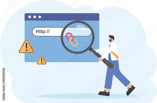Link security check. Website Inspection and Analysis. a user using a magnifying glass to see how the website that he will visit is safe or risky. prevention of harmful and suspected links

