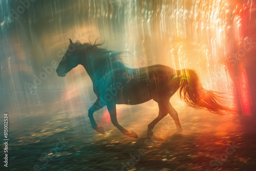 Dynamic scene of a hobbyhorse galloping forward, with vibrant streaks of rainbow colors trailing behind, photo