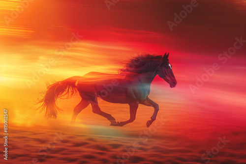 Dynamic scene of a hobbyhorse galloping forward  with vibrant streaks of rainbow colors trailing behind 