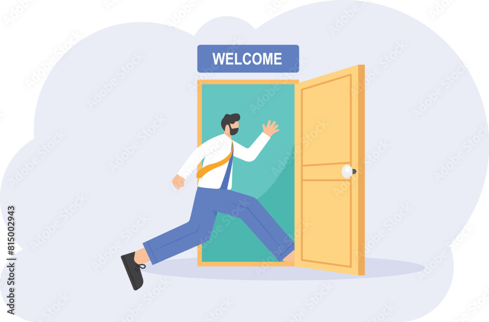 a new employee or worker enters a new workplace. a new member entered a door. enter a new zone or place. join and welcome. illustration concept design. graphic elements

