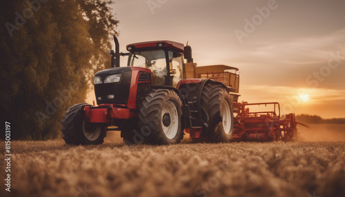 Agricultural machinery tractor on the field harvesting sowing  sunset view 