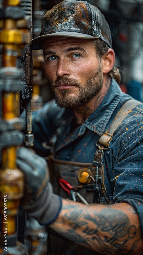 American plumber repairing a broken pipe in an industrial warehouse