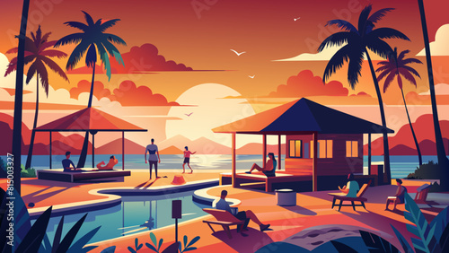 Tropical Resort Sunset with Relaxing Vacationers in Scenic Landscape