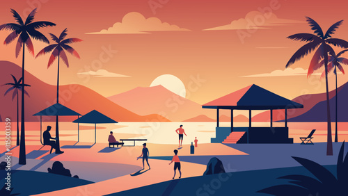 Serene Tropical Sunset with People at Beach Resort
