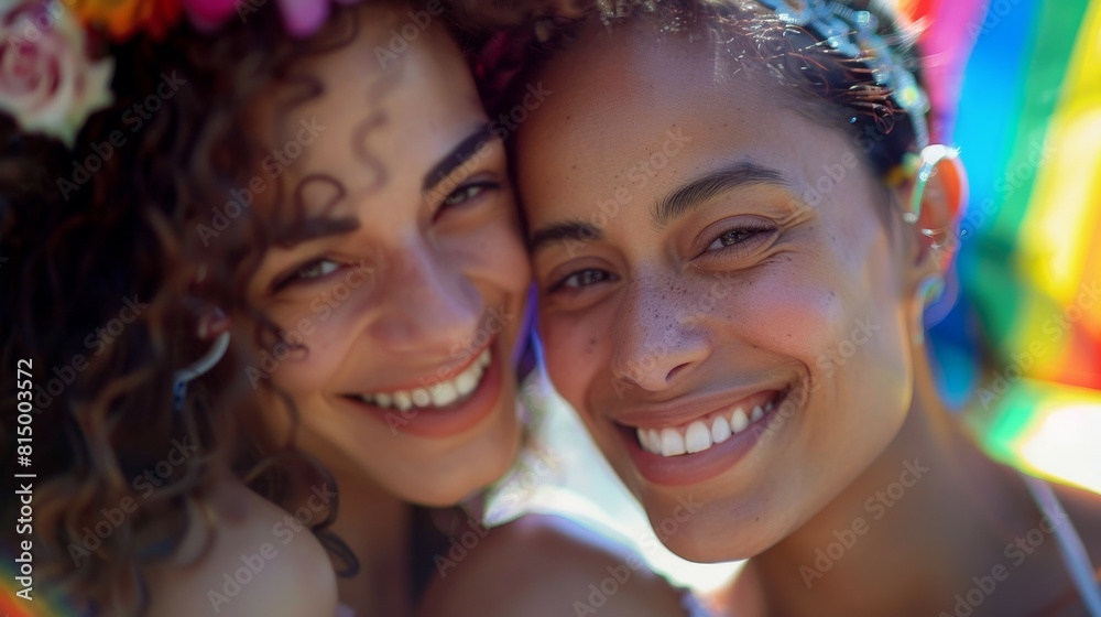 A close-up of a lesbian couple, their joy framed by the colors of the rainbow A close-up of a lesbian couple, their joy framed by the colors of the rainbow