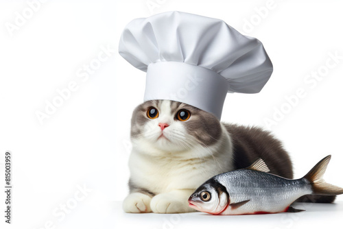 A cat in a chef's hat sits near a fish Isolated on white background copy space © Anna
