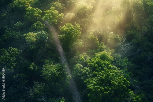 Aerial view of forest with sunlight shining through trees along a winding hiking trail