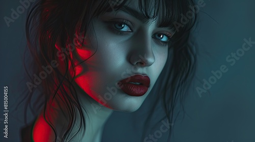 Portrait of a young woman in red light reflected on her