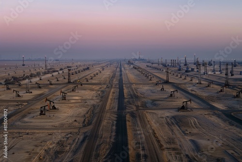 An aerial view of an expansive oil field at dusk with rows of pumpjacks stretching into the horizon