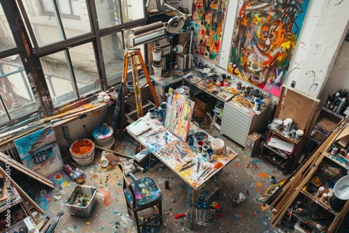 Overhead view of a cluttered art studio with various paint brushes, supplies, and unfinished artworks scattered around, showcasing a chaotic yet inspiring space