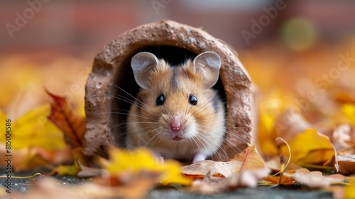 A cute hamster peeks out of a ceramic flower pot. The hamster is surrounded by fallen leaves.