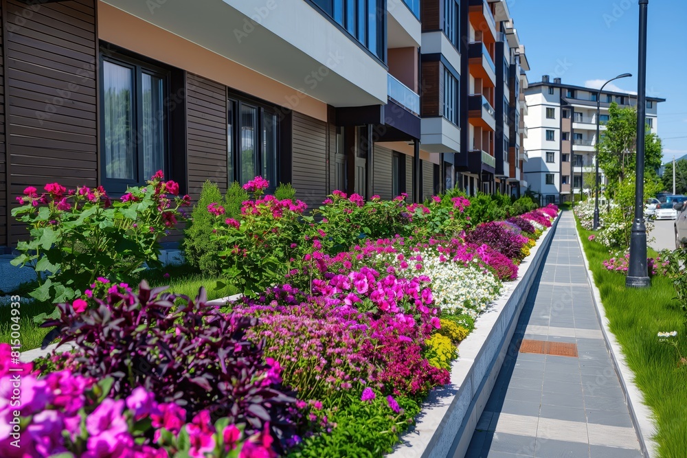 A sidewalk with abundant flowers running alongside a building