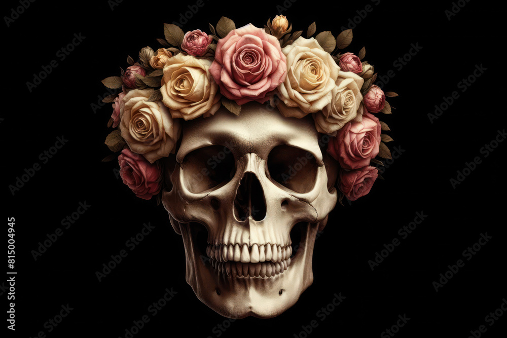 Portrait of skull with flower wreath on its head Isolated on black background Portrait of skull with flower wreath on its head Isolated on black background