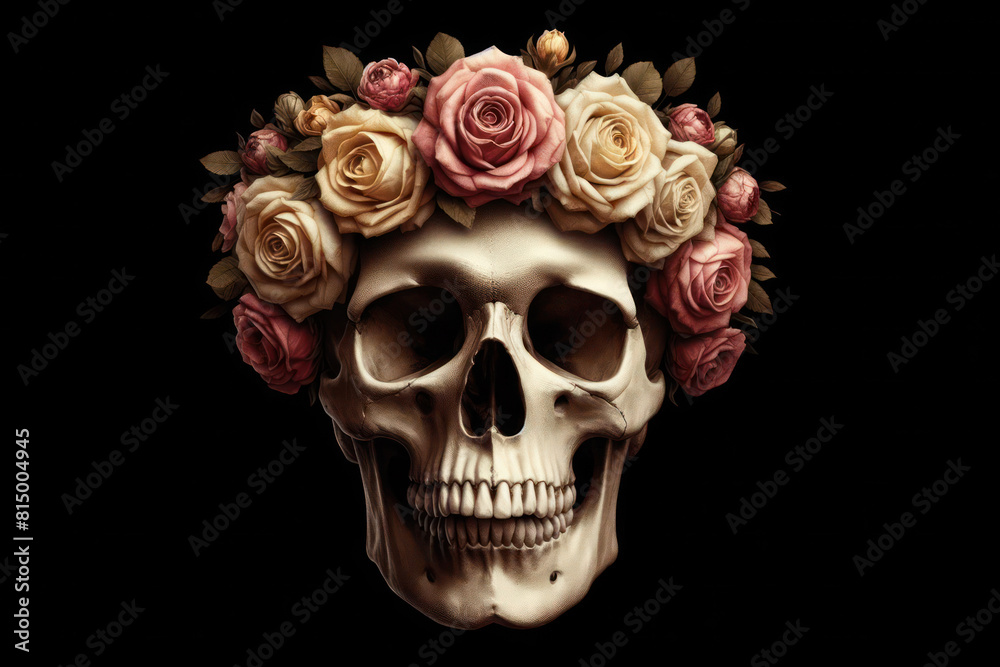 Portrait of skull with flower wreath on its head Isolated on black background