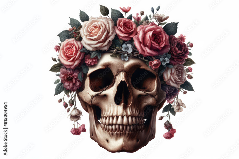 Portrait of skull with flower wreath on its head Isolated on black background