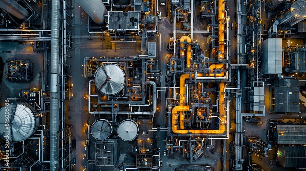 Aerial view of a sprawling industrial complex with emphasis on architectural geometry. Aerial view of a sprawling industrial complex with emphasis on architectural geometry.