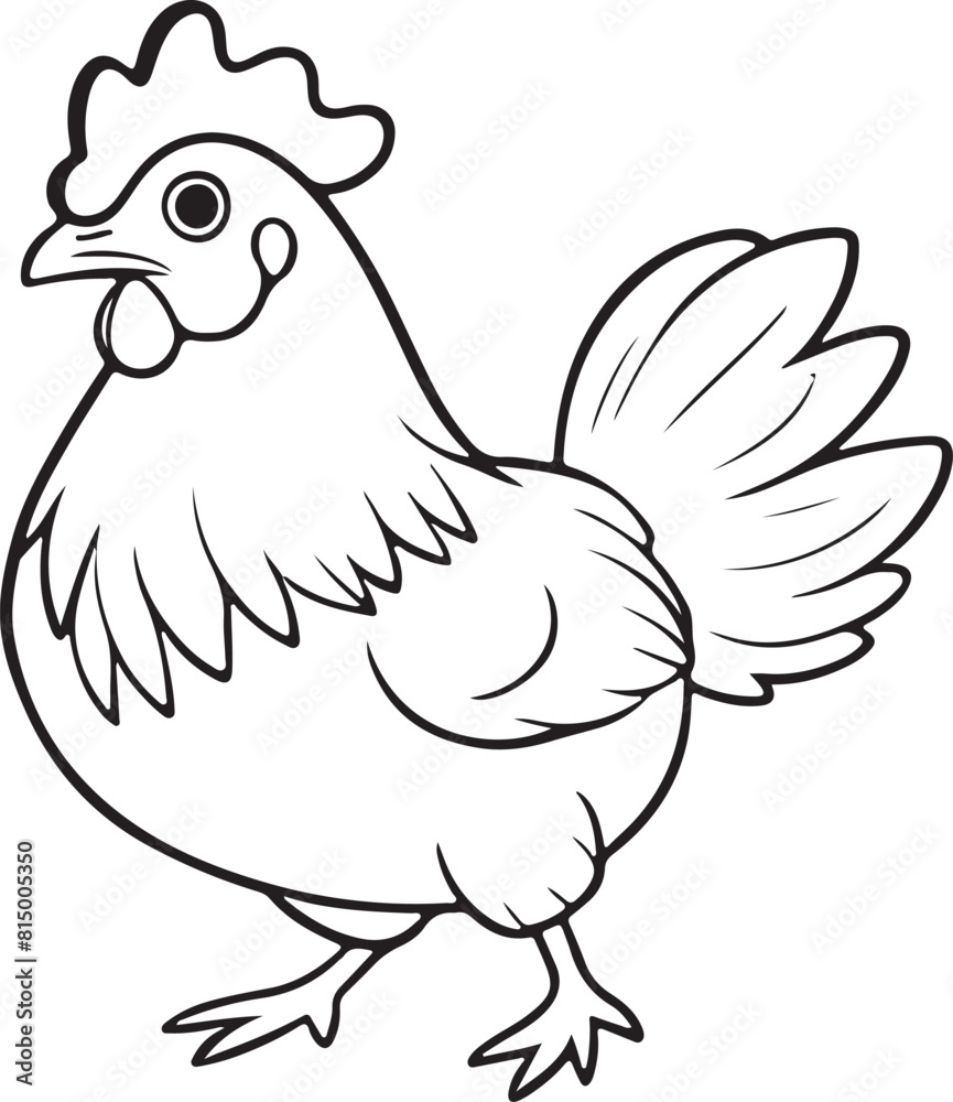 Kawaii hen, cartoon character, cute lines and colors, coloring page