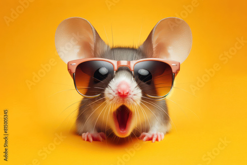 Surprised photo mouse wearing sunglasses Isolated on yellow background