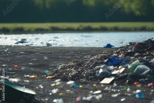 A large pile of trash accumulates in a tranquil lake, with various pieces of floating debris marring the serene water surface. waste management and environmental conservation photo