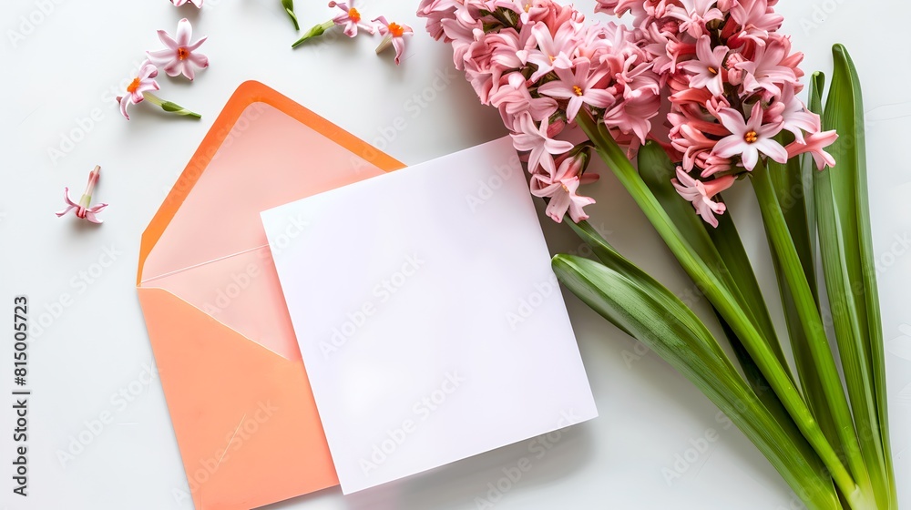 Blank card with envelope on a white background with pink flowers. Perfect for invitations, greetings, and announcements. Clean and simple design. AI Blank card with envelope on a white background with pink flowers. Perfect for invitations, greetings, and announcements. Clean and simple design. AI
