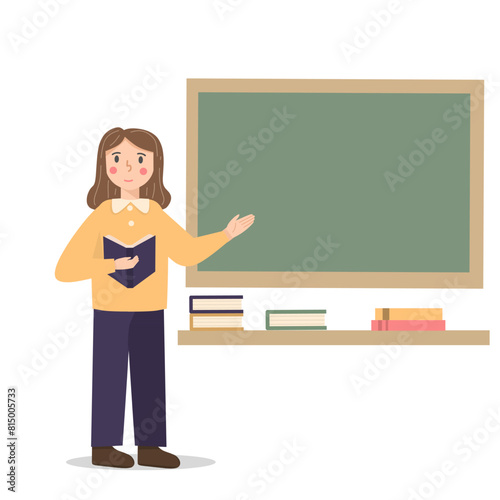 teacher with blackboard, Teacher holding book in front of class, illustration of female teacher with board and book, teacher cartoon, person teaching 