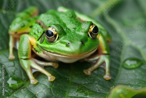 A green frog peeks out of a leaf  high quality  high resolution