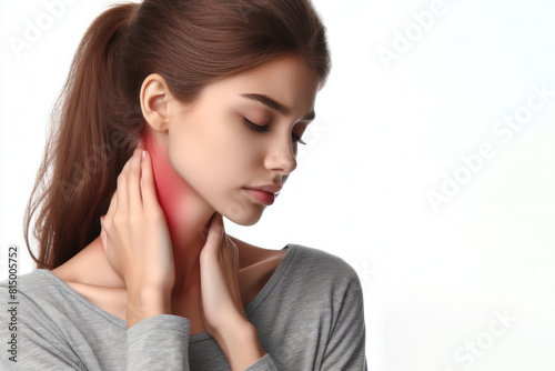 Girl with neck pain problems Isolated on white background