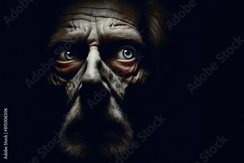 old man face in the dark with spot light   concept of fearful Isolated on black background
