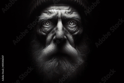 old man face in the dark with spot light   concept of fearful Isolated on black background