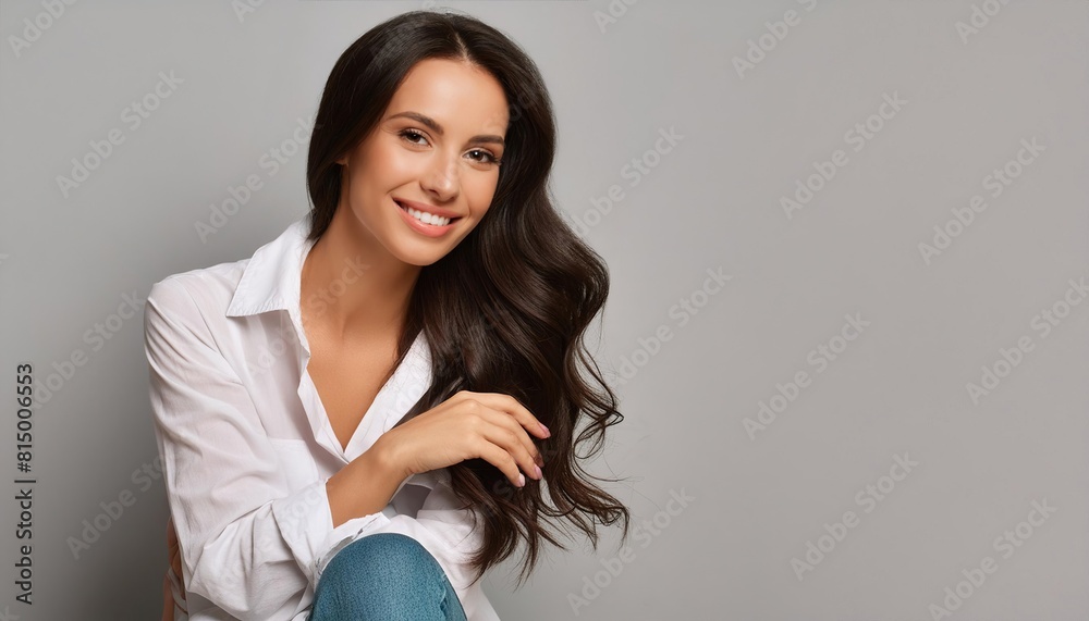 Beauty fashion portrait of smiling sensual young woman with dark long hair in white shirt and jeans on gray background banner, relaxed and chilled, copy space Beauty fashion portrait of smiling sensual young woman with dark long hair in white shirt and jeans on gray background banner, relaxed and chilled, copy space