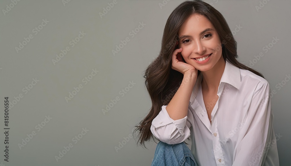 Beauty fashion portrait of smiling sensual young woman with dark long hair in white shirt and jeans on gray background banner, relaxed and chilled, copy space Beauty fashion portrait of smiling sensual young woman with dark long hair in white shirt and jeans on gray background banner, relaxed and chilled, copy space