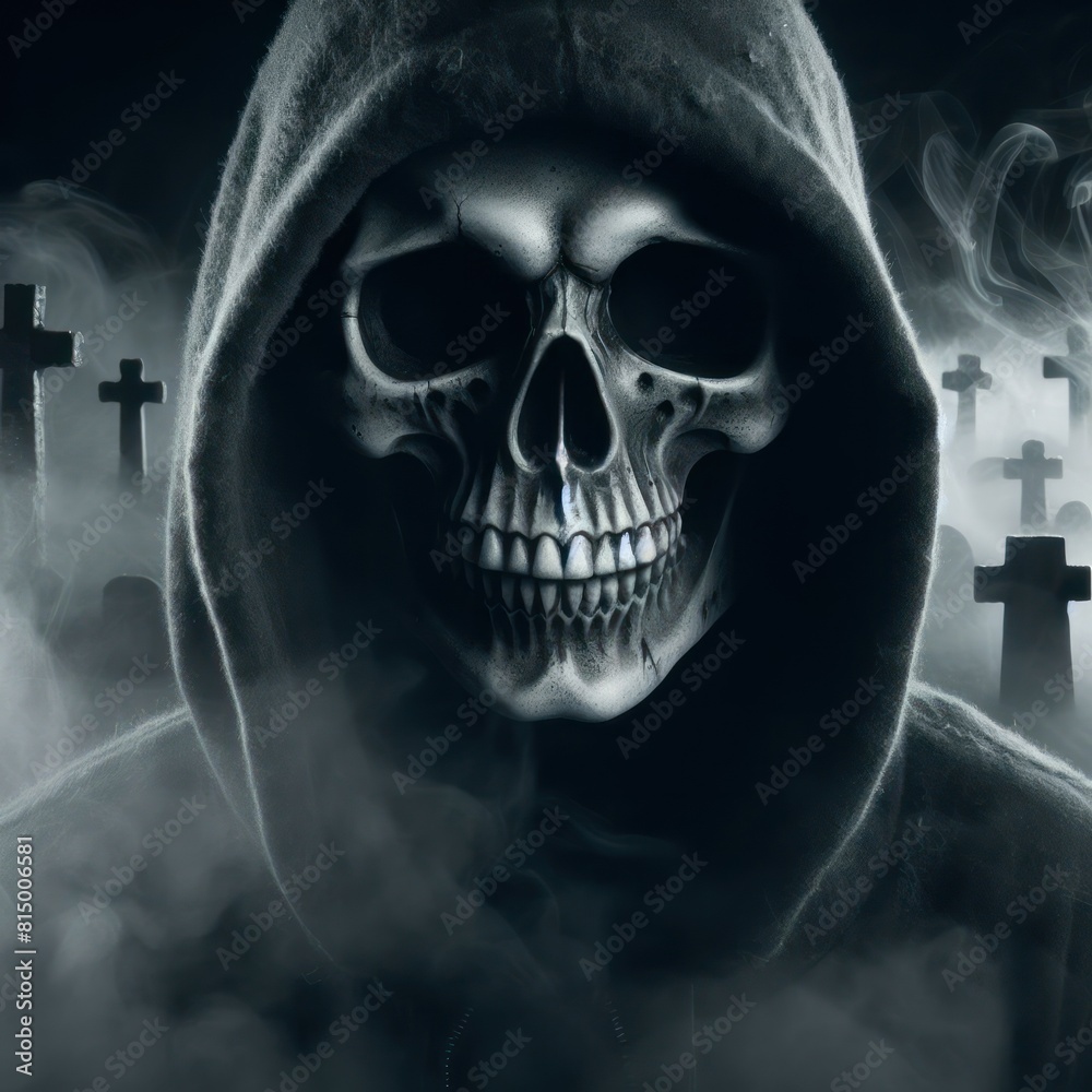 Skull-faced Figure in Foggy Cemetery Isolated on black background Skull-faced Figure in Foggy Cemetery Isolated on black background