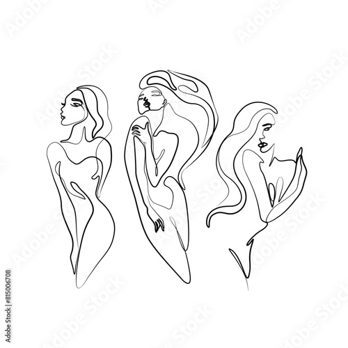 Woman abstract portrait set, continuous line drawing, small tattoo, print for clothes and logo design, emblem or logo design, silhouette one single line, isolated vector illustration. (ID: 815006708)