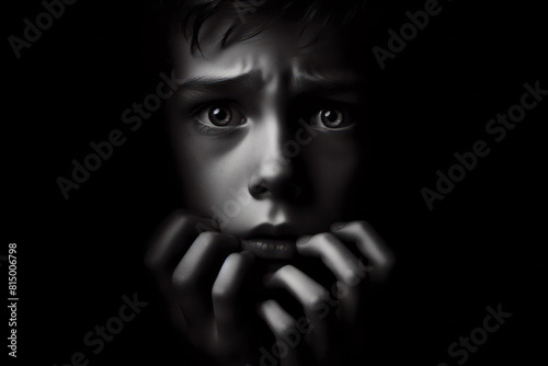 Boy face in the dark, concept of fearful Isolated on black background