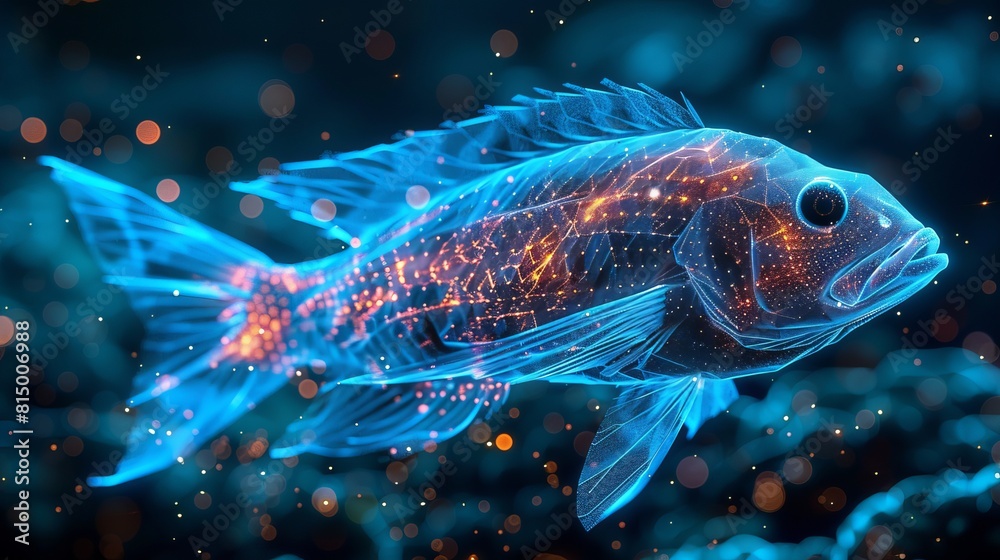 Illuminated against a dark blue backdrop, a futuristic glowing low polygonal fish embodies the essence of oceanarium and marine science. This modern wireframe mesh design offers a striking visual. Illuminated against a dark blue backdrop, a futuristic glowing low polygonal fish embodies the essence of oceanarium and marine science. This modern wireframe mesh design offers a striking visual.