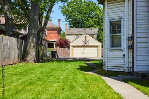 Suburban Backyard with Basketball Hoop and Detached Garage, Eye-Level View photo