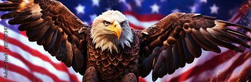 flying bald eagle on American flag USA. freedom and independence concept. 4th of July fireworks in background. banner
