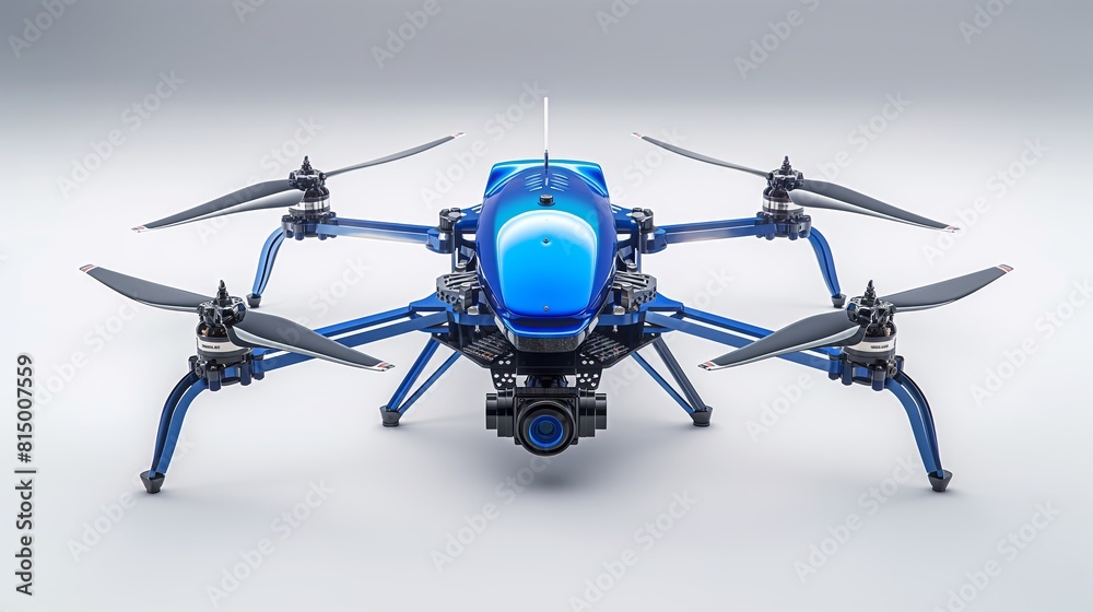 Blue high-tech drone with multiple propellers on white background. Blue high-tech drone with multiple propellers on white background.