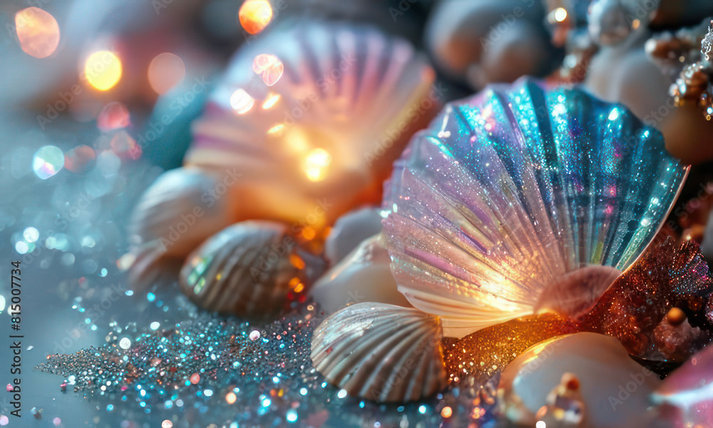 Round pearls with shells on a blue delicate pastel Coral, and Soft Bokeh background. Round pearls with shells on a blue delicate pastel Coral, and Soft Bokeh background.