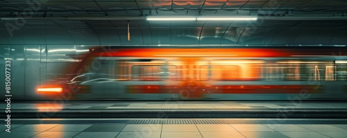 Fast train in motion blur at an underground station, light orange and dark grey, double exposure, backlighting