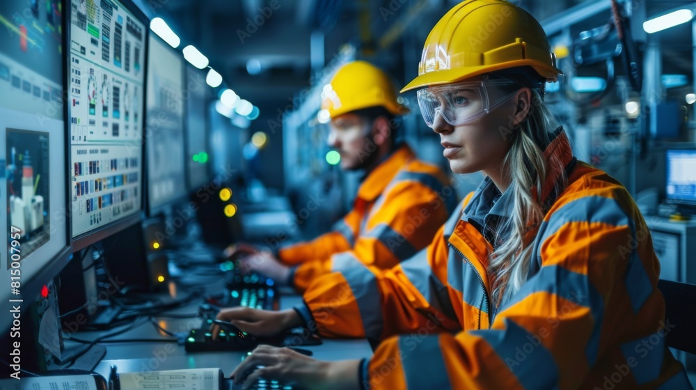 Engineers configuring a centralized control system for managing factory operations. Engineers configuring a centralized control system for managing factory operations.