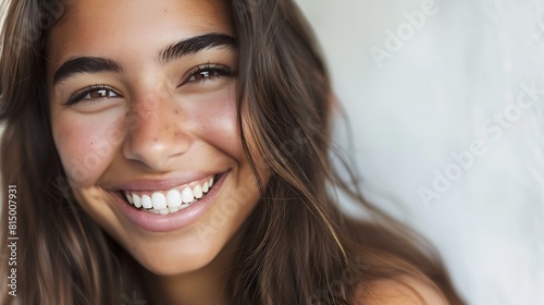 smile of a young Hispanic woman in a studio setting